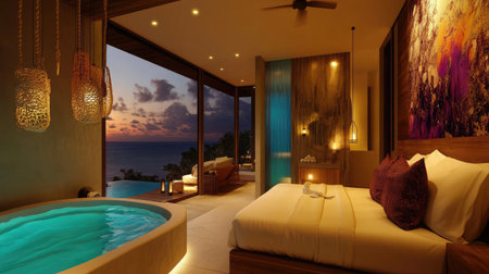 A luxurious hotel suite with a king-size bed, an en-suite bathroom featuring a freestanding tub, and floor-to-ceiling windows offering breathtaking ocean views.の素材