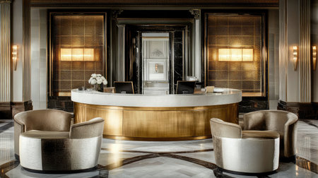 A luxurious hotel reception area with a gold-accented front desk, complemented by plush velvet seating and ambient wall sconces.の素材