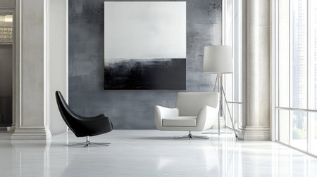 A modern hotel lobby with minimalist design, showcasing sleek furniture, large windows allowing natural light, and contemporary art pieces adorning the walls.の素材