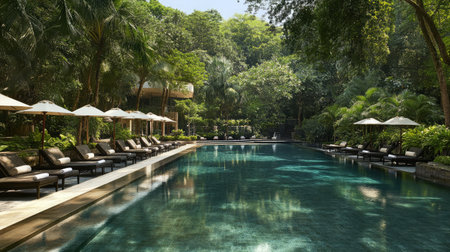 A pristine outdoor hotel pool surrounded by lush tropical gardens, with crystal-clear turquoise water reflecting the vibrant greenery.の素材