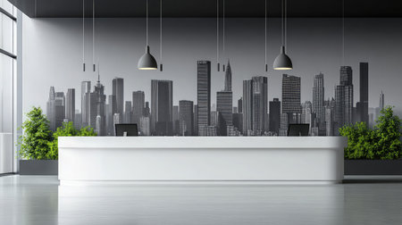 A minimalist hotel reception area with a sleek white desk, illuminated by pendant lights, and a backdrop of a monochrome cityscape mural.の素材
