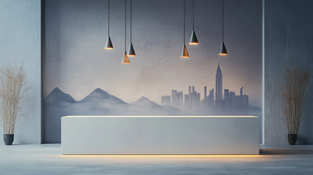 A minimalist hotel reception featuring a sleek white desk, illuminated by pendant lights, and a backdrop of a monochrome cityscape mural.の素材