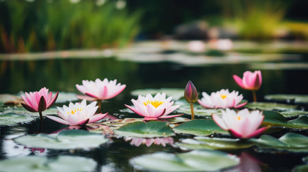 A serene pond covered with blooming water lilies, their pink and white petals floating gracefully on the calm water surface.の素材
