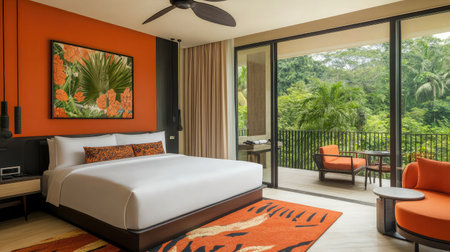 A modern hotel room with sleek design, featuring a queen-size bed, a glass-enclosed rain shower, and a private terrace with garden access.の素材