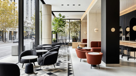 A modern hotel lobby with a monochromatic color scheme, highlighting sleek black and white furniture, minimalist decor, and geometric patterns.の素材