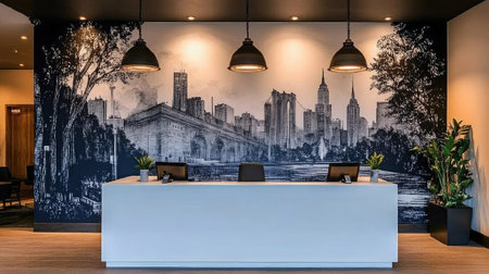 A minimalist hotel reception featuring a sleek white desk, illuminated by pendant lights, and a backdrop of a monochrome cityscape mural.の素材