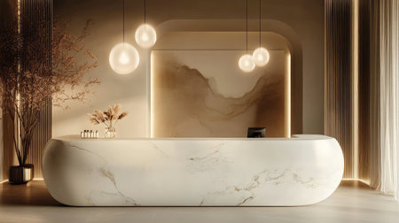 A modern hotel reception desk made of sleek white marble, illuminated by pendant lights, with a minimalist design and a backdrop of abstract art.の素材