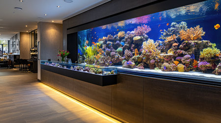 A modern hotel reception area showcasing a floating glass desk, set against a backdrop of a large aquarium filled with colorful marine life.の素材