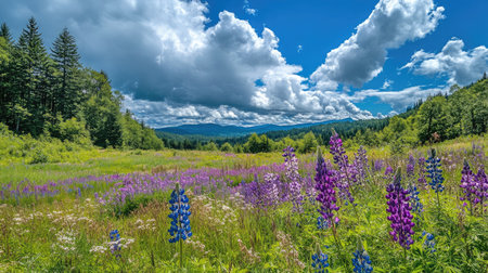 A meadow of wild lupines in shades of purple and blue, stretching towards the horizon under a partly cloudy sky.の素材