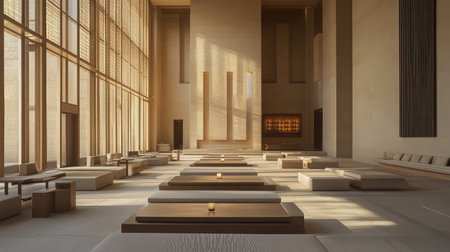 A modern hotel lobby with minimalist design, showcasing sleek furniture, large windows allowing natural light, and contemporary art pieces adorning the walls.の素材