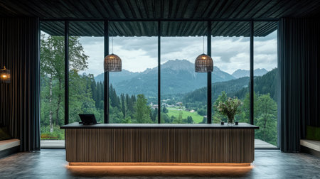 A minimalist hotel reception desk crafted from natural wood, positioned in front of a large floor-to-ceiling window offering scenic views.の素材