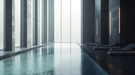A modern indoor hotel pool with sleek design, featuring floor-to-ceiling windows allowing natural light to illuminate the calm, blue water.の素材