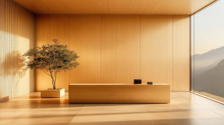A minimalist hotel reception desk crafted from natural wood, positioned in front of a large floor-to-ceiling window offering scenic views.の素材