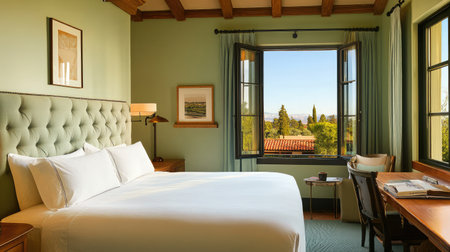 A serene hotel room decorated in soft pastels, showcasing a king-size bed with a padded headboard, a cozy reading nook by the window, and ambient bedside lighting.の素材