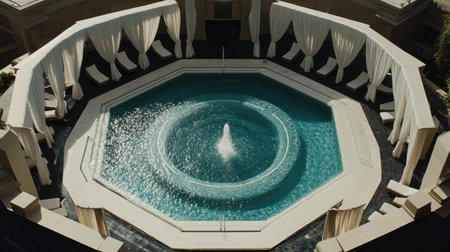 A modern hotel pool with a unique geometric shape, surrounded by chic cabanas draped with flowing white curtains.の素材