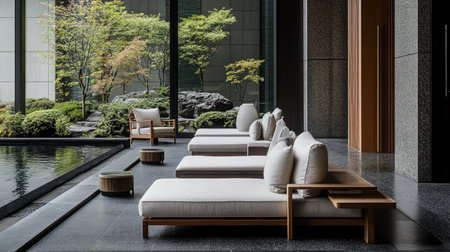 A serene hotel lobby with Zen-inspired design, featuring minimalist furniture, natural materials, and a small indoor koi pond enhancing tranquility.の素材