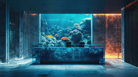 A modern hotel reception with a floating glass desk, set against a backdrop of a large aquarium filled with colorful marine life.の素材