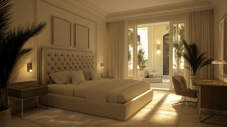 A serene hotel room decorated in neutral tones, showcasing a king-size bed with tufted headboard, a writing desk by the window, and soft ambient lighting.の素材