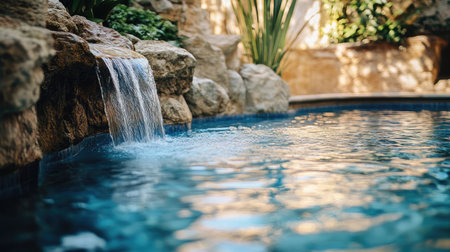 A serene hotel pool with a natural hot spring source, steam rising gently from the mineral-rich waters, surrounded by rugged rock formations.の素材