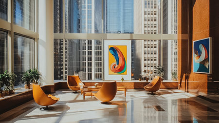 A modern hotel lobby with minimalist design, showcasing sleek furniture, large windows allowing natural light, and contemporary art pieces adorning the walls.の素材