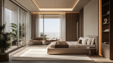 A modern hotel room with minimalist design, featuring a queen-size bed, a sleek workspace, and a private balcony with cityscape views.の素材