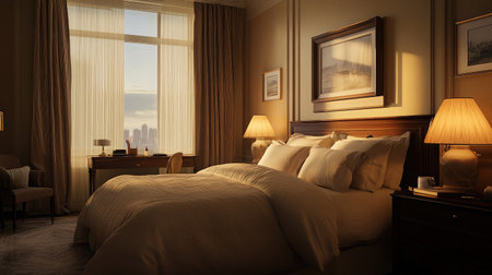 A serene hotel room decorated in earthy tones, showcasing a king-size bed with natural linen bedding, a writing desk by the window, and soft ambient lighting.の素材
