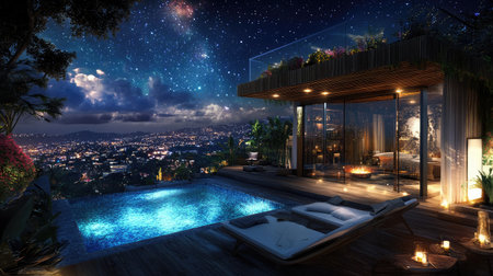 A rooftop hotel pool with a retractable glass roof, allowing for year-round swimming with views of the starry night sky.の素材