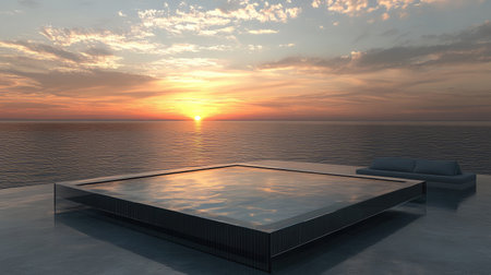 A rooftop hotel pool with a transparent edge, creating the illusion of water merging with the sky, offering breathtaking sunset views.の素材