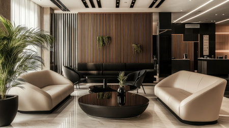 A modern hotel lobby with a monochromatic color scheme, highlighting sleek black and white furniture, minimalist decor, and geometric patterns.の素材