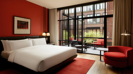 A modern hotel room with sleek design, featuring a queen-size bed, a glass-enclosed rain shower, and a private terrace with garden access.の素材