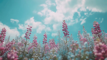 A meadow of wild lupines in shades of purple and blue, stretching towards the horizon under a partly cloudy sky.の素材