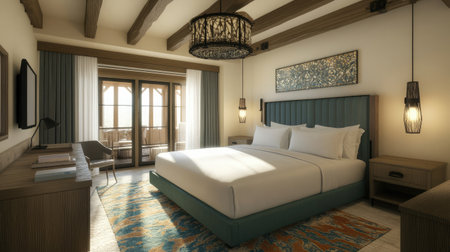 A serene hotel room decorated in soft pastels, showcasing a king-size bed with a padded headboard, a cozy reading nook by the window, and ambient bedside lighting.の素材