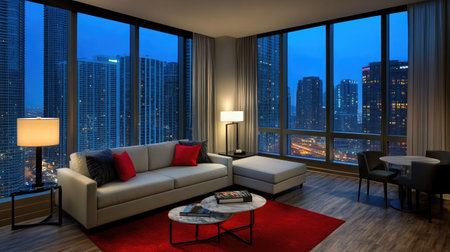 A spacious hotel suite with contemporary design, offering a king-size bed, a separate lounge area with a sectional sofa, and city skyline views through large windows.の素材