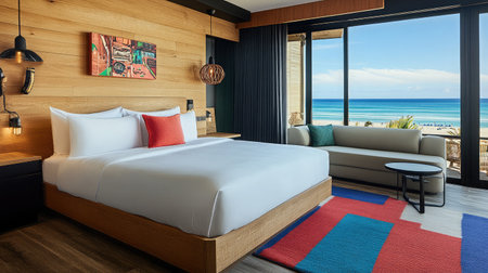 A spacious hotel suite with contemporary design, offering a king-size bed, a separate living area with a plush sofa, and panoramic ocean views through large windows.の素材