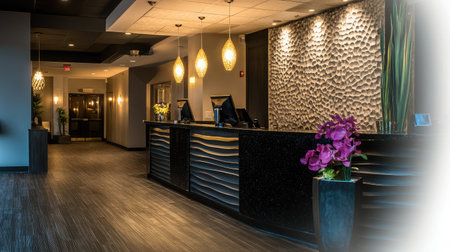 A sleek hotel reception area featuring a black granite counter, highlighted by LED lighting, and a backdrop of textured wall panels.の素材