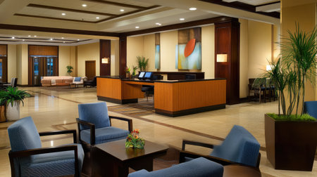 A spacious hotel lobby with contemporary design, offering open spaces, modern furnishings, and a reception desk with a sleek, minimalist aesthetic.の素材