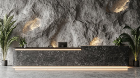 A sleek hotel reception with a black granite counter, highlighted by LED lighting, and a backdrop of textured wall panels.の素材