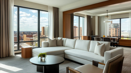 A spacious hotel suite with contemporary design, offering a king-size bed, a separate lounge area with a sectional sofa, and city skyline views through large windows.の素材