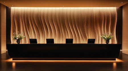 A sleek hotel reception area with a black granite desk, highlighted by LED strip lighting, and a backdrop of textured wall panels.の素材