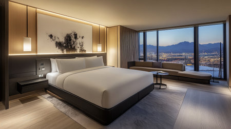 A spacious hotel suite with modern design, offering a king-size bed, a separate sitting area with contemporary art pieces, and panoramic city views through large windows.の素材