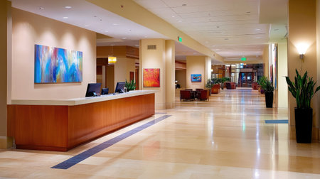 A spacious hotel lobby with contemporary design, offering open spaces, modern furnishings, and a reception desk with a sleek, minimalist aesthetic.の素材