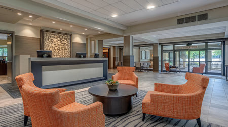 A spacious hotel lobby with contemporary design, offering open spaces, modern furnishings, and a reception desk with a sleek, minimalist aesthetic.の素材