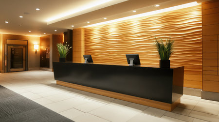 A sleek hotel reception with a black granite counter, highlighted by LED lighting, and a backdrop of textured wall panels.の素材
