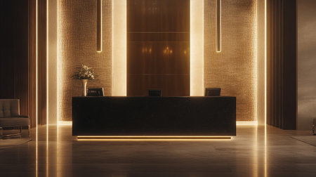 A sleek hotel reception area with a black granite desk, highlighted by LED strip lighting, and a backdrop of textured wall panels.の素材
