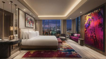 A spacious hotel suite with modern design, offering a king-size bed, a separate sitting area with contemporary art pieces, and panoramic city views through large windows.の素材