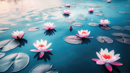 A serene pond covered with blooming water lilies, their pink and white petals floating gracefully on the calm water surface.の素材