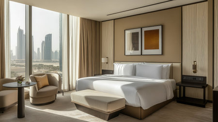 A spacious hotel suite with contemporary design, offering a king-size bed, a separate lounge area with a sectional sofa, and city skyline views through large windows.の素材