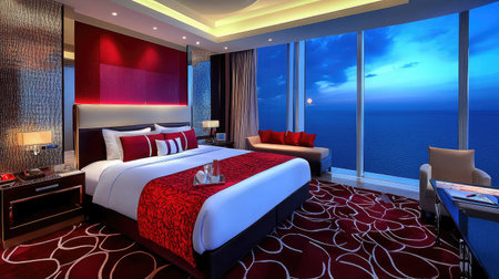 A spacious hotel suite with contemporary design, offering a king-size bed, a separate living area with a plush sofa, and panoramic ocean views through large windows.の素材
