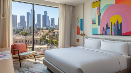 A spacious hotel suite with modern design, offering a king-size bed, a separate sitting area with contemporary art pieces, and panoramic city views through large windows.の素材