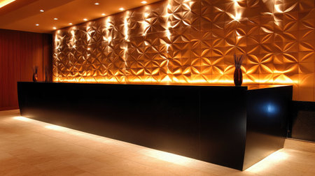 A sleek hotel reception area featuring a black granite counter, highlighted by LED lighting, and a backdrop of textured wall panels.の素材